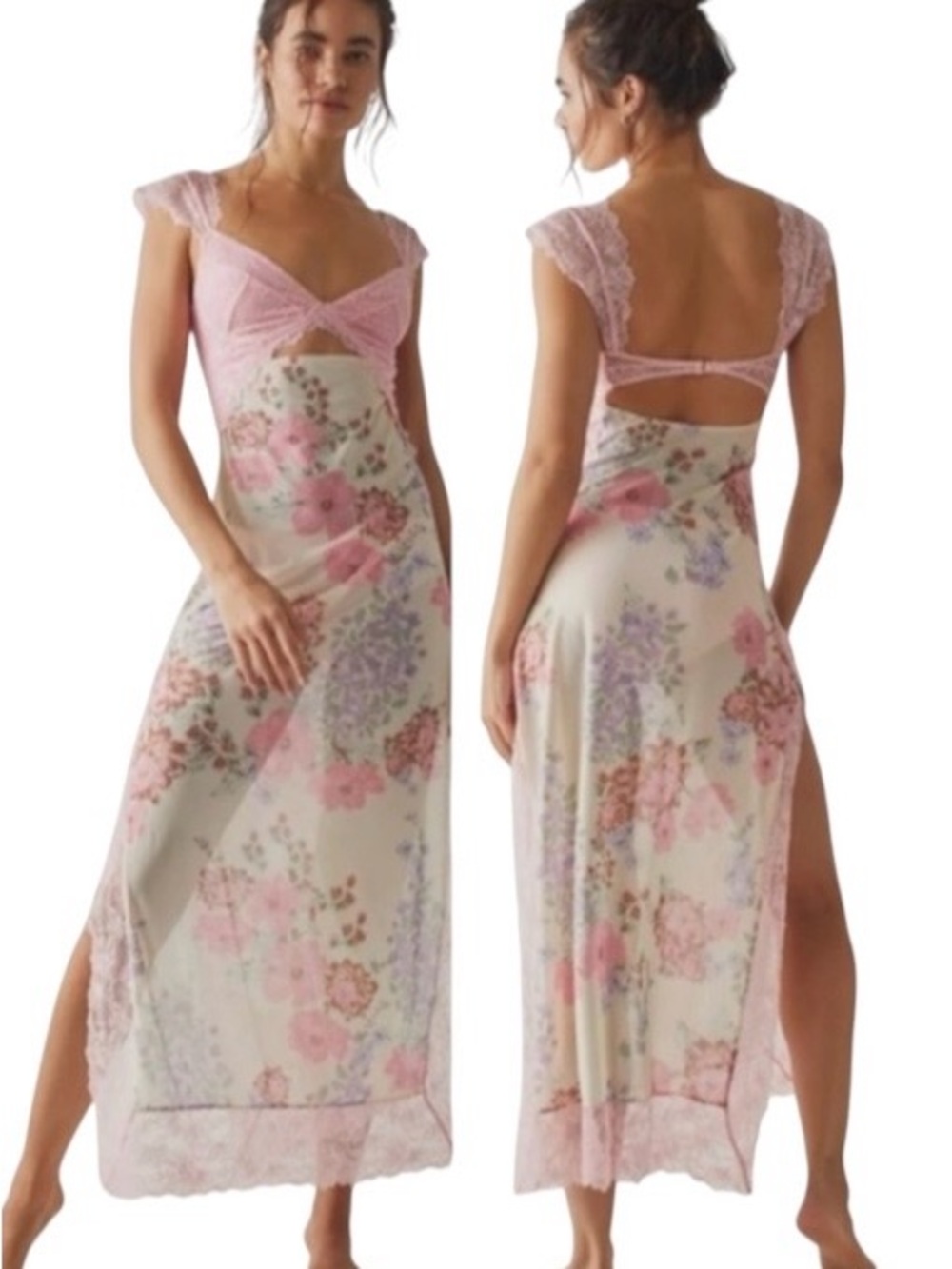 Free People Suddenly Fine Floral Lace Trim Maxi Slip Dress Size Medium